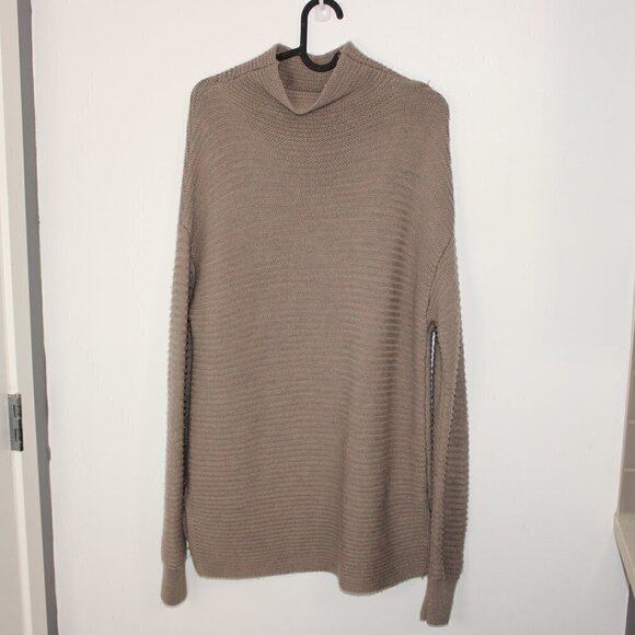Athleta Small Tan Lodge Ribbed Mock Neck 100% Extra Fine Merino Wool Sweater - Picture 4 of 6